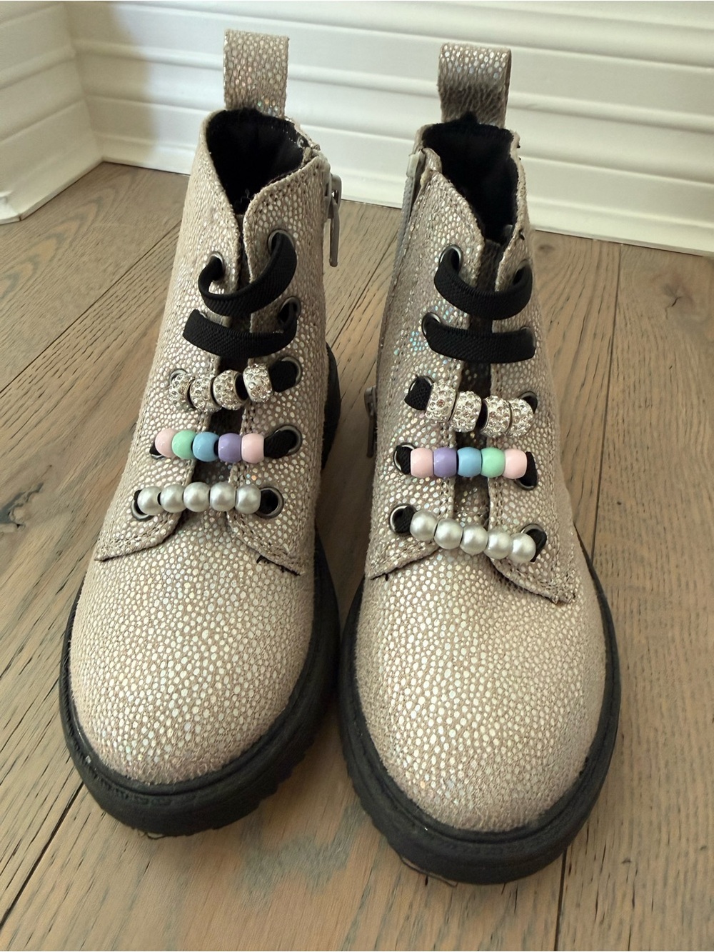 Harper Canyon Girls Silver Metallic Combat Boots Size 10 Genuine Leather